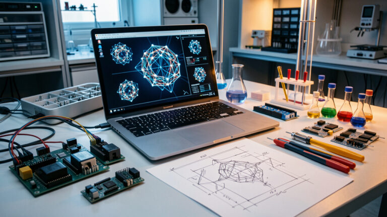 Espace de travail moderne consacré au prototypage de solutions d’intelligence artificielle, avec composants électroniques, ordinateur et outils de test soigneusement organisés.