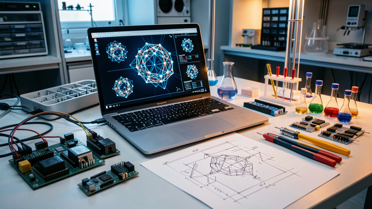 Espace de travail moderne consacré au prototypage de solutions d’intelligence artificielle, avec composants électroniques, ordinateur et outils de test soigneusement organisés.